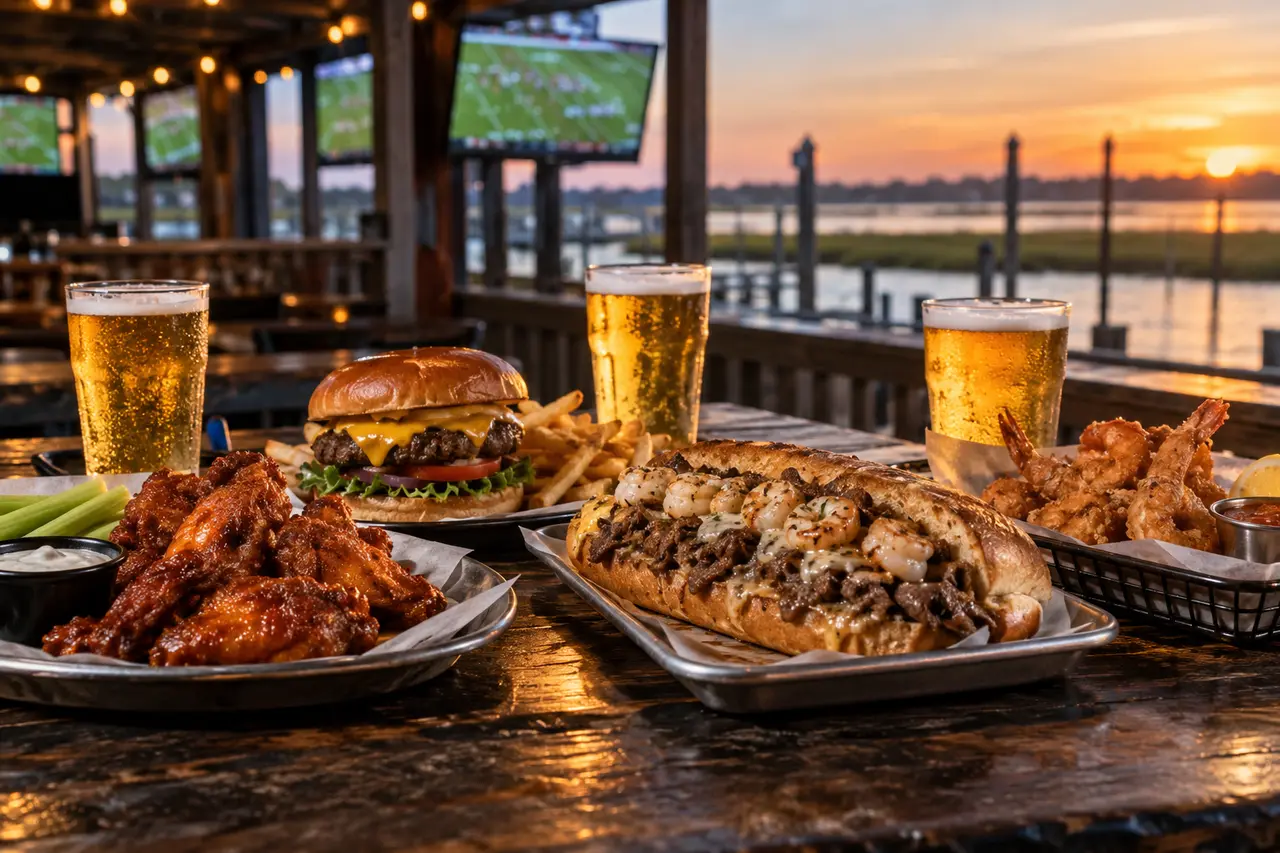 Wings, a cheeseburger, a surf and turf cheesesteak, fried shrimp and cold beers on the bar at sunset with football on the TVs