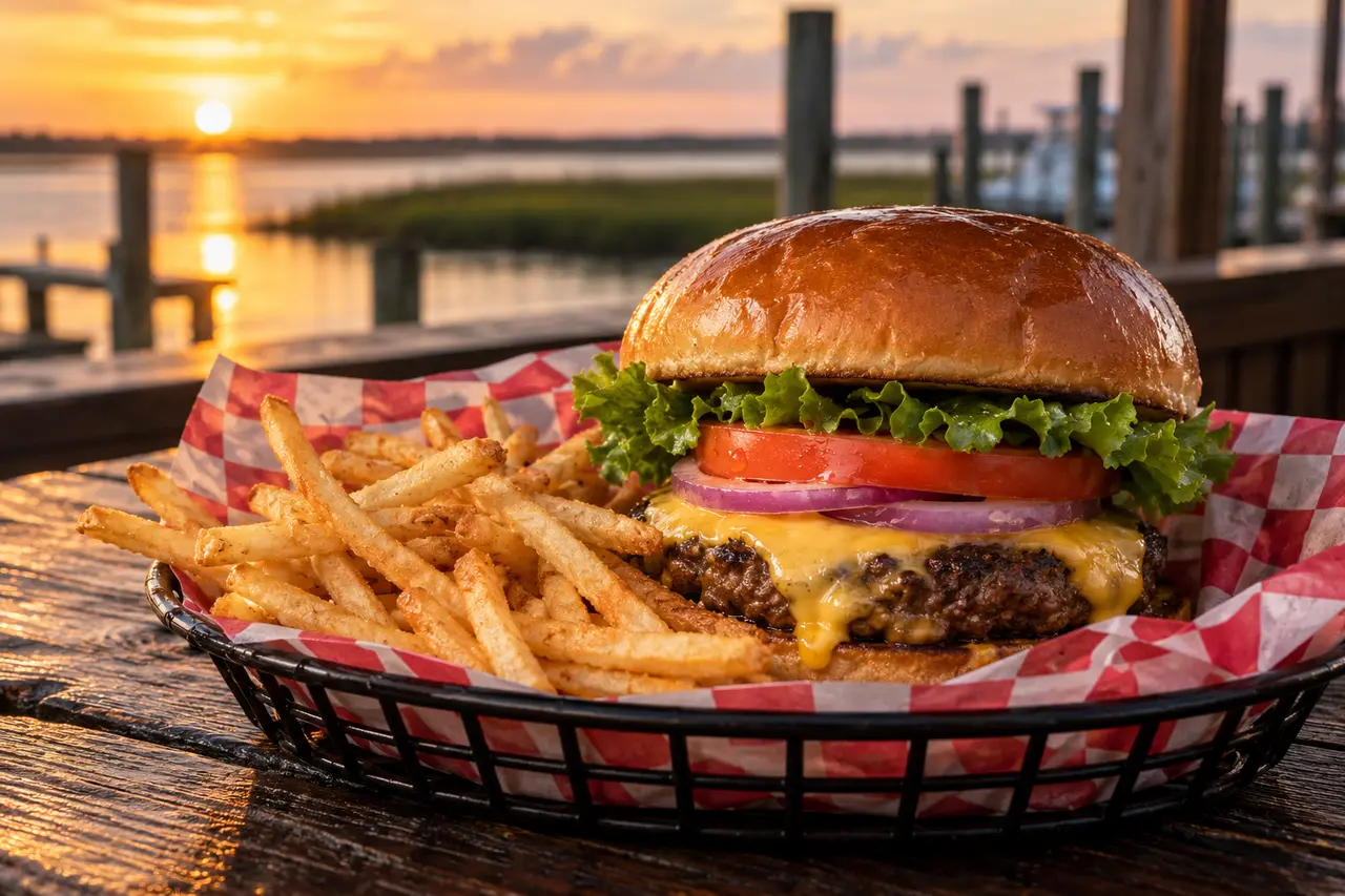 A cheeseburger with lettuce, tomato and red onion beside fries in a checkered basket