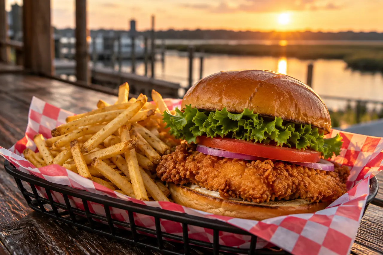 A crispy fried chicken sandwich with lettuce, tomato and red onion and a basket of fries