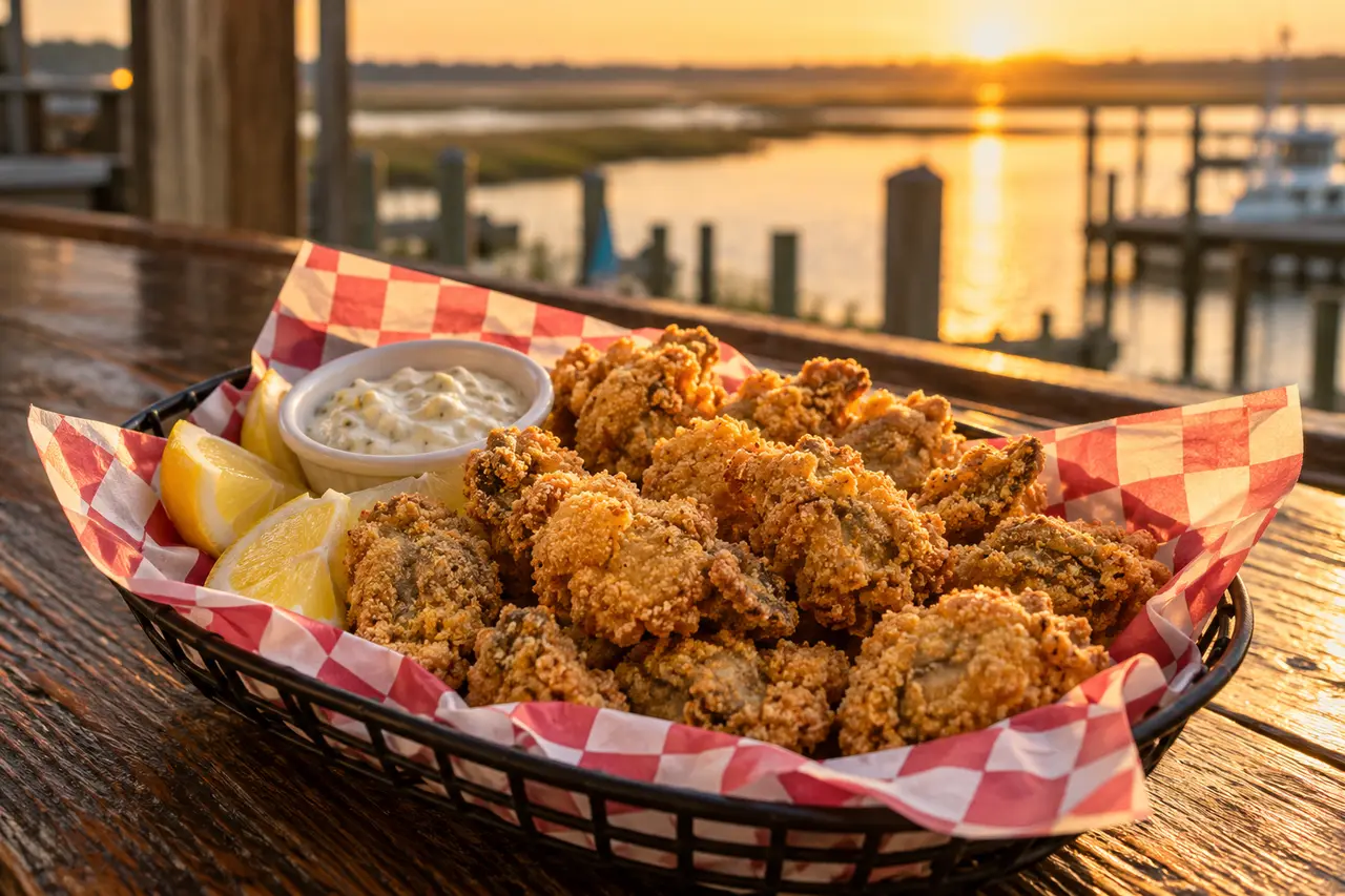 A basket of fried oysters with tartar sauce and lemon