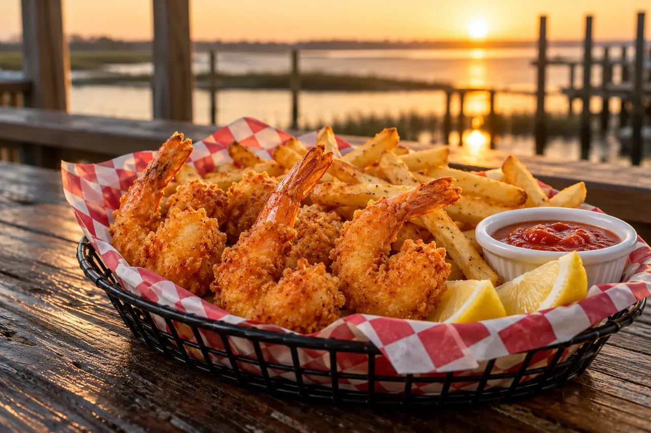 A basket of fried shrimp with cocktail sauce, lemon and fries