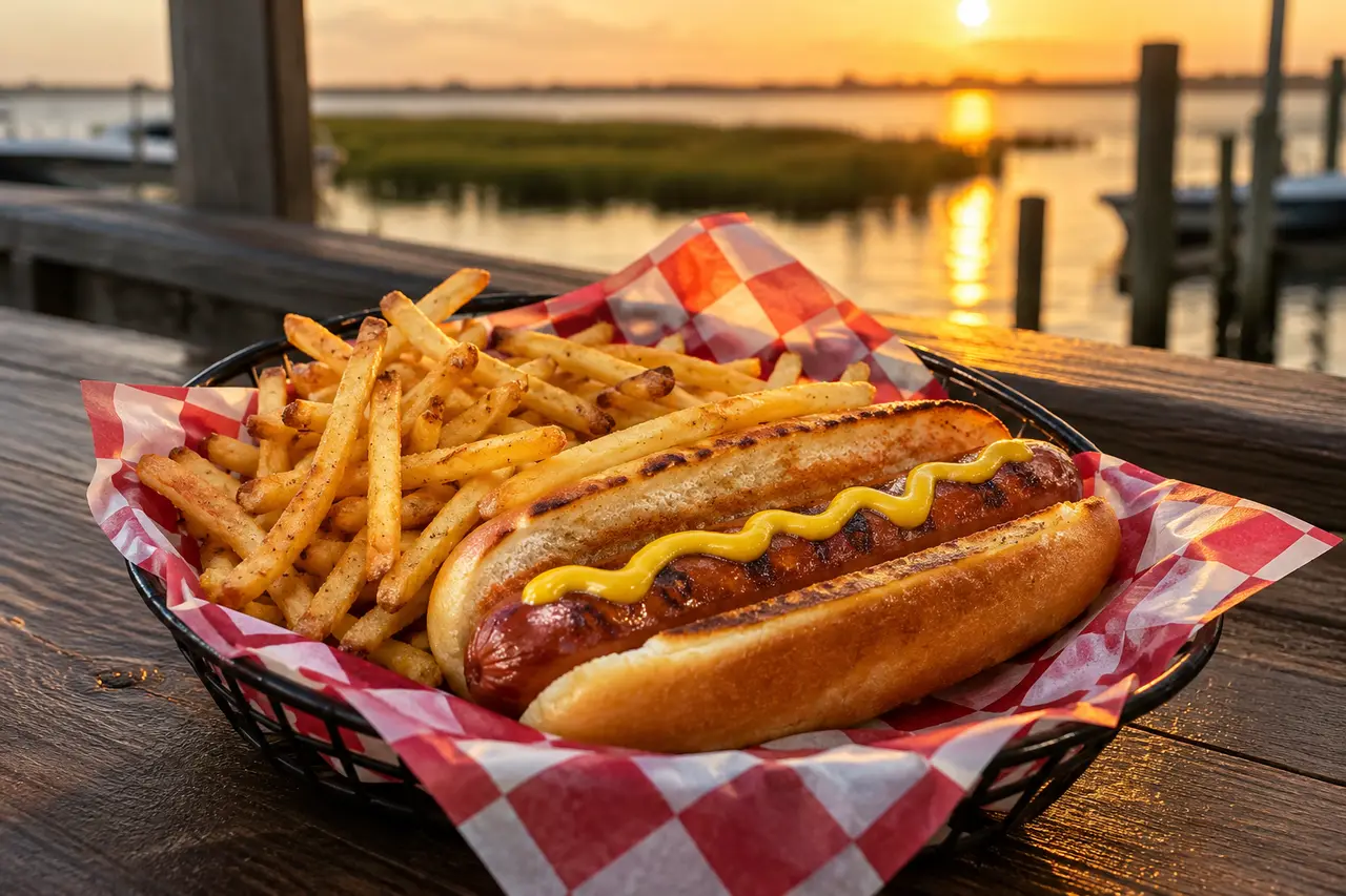 An all-beef hot dog with mustard and fries in a checkered basket