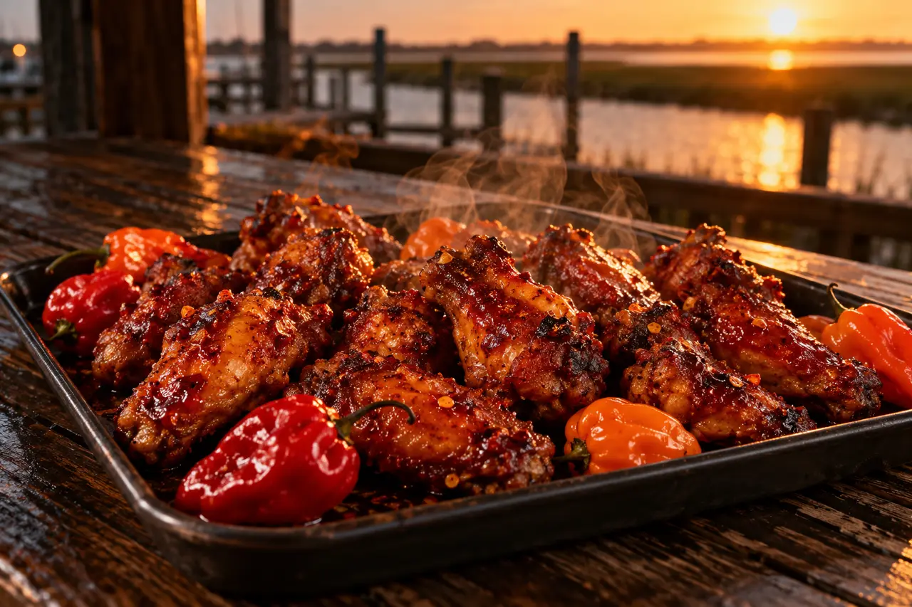 Twelve fiery hot wings glazed in dark red pepper sauce surrounded by hot peppers