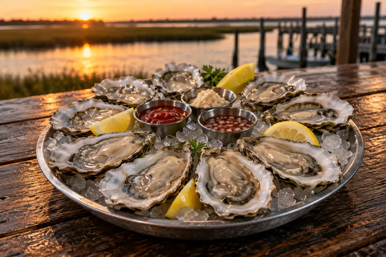 Raw oysters on the half shell on a platter of ice with lemon and cocktail sauce
