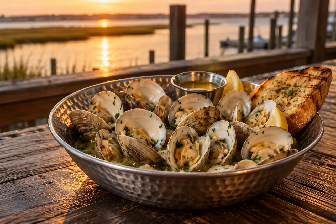 A metal bowl of a dozen steamed clams with garlic butter, lemon and grilled bread