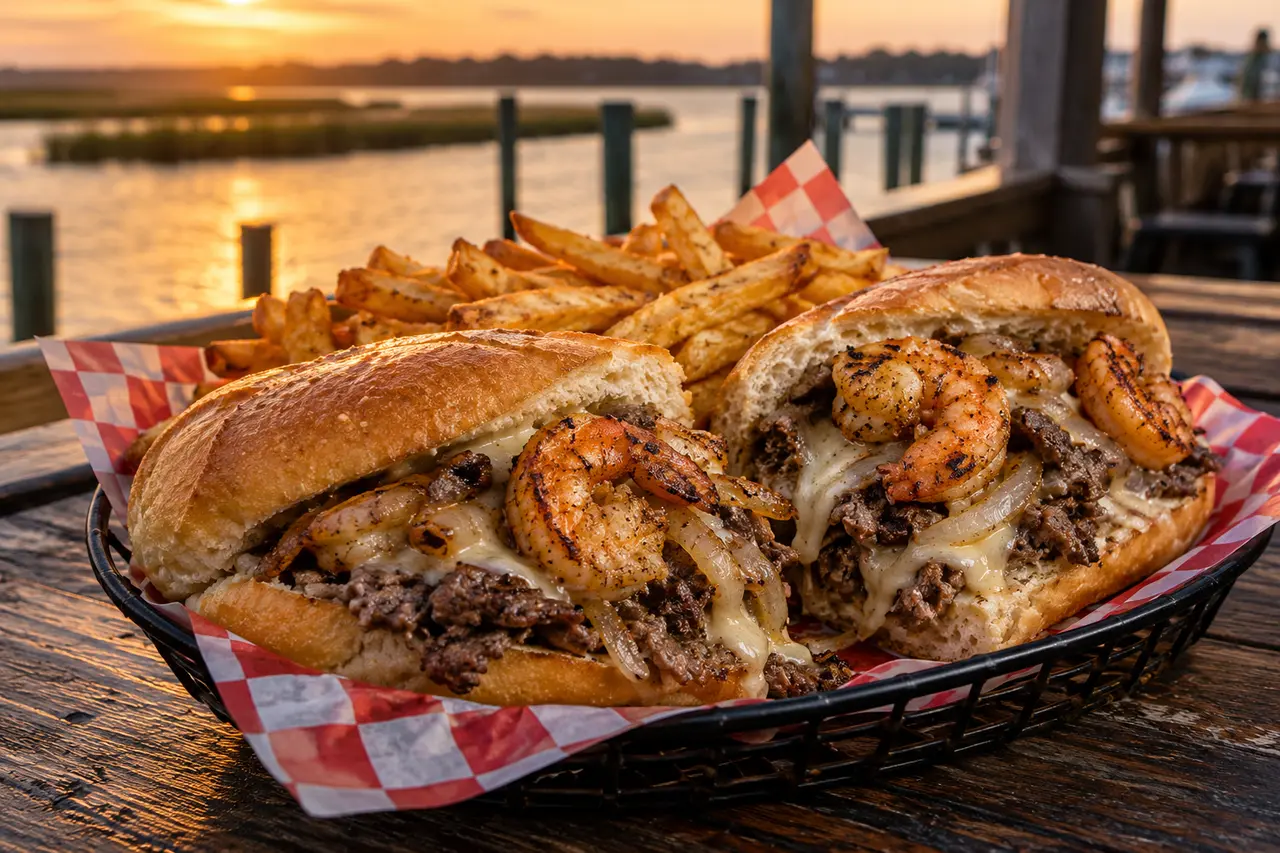 A surf and turf cheesesteak with shaved steak, melted cheese and grilled shrimp, with fries