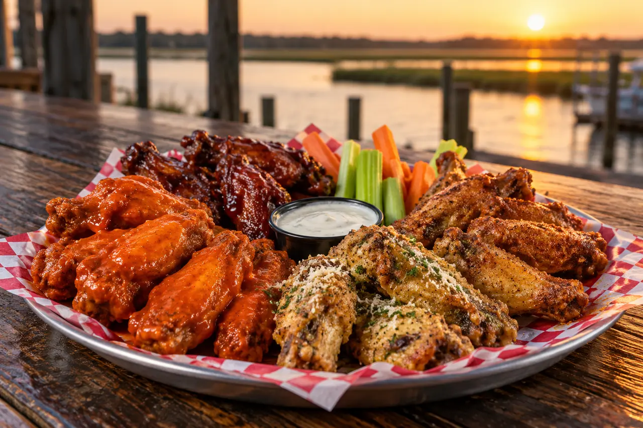 A platter of chicken wings in Buffalo, BBQ, garlic parmesan and Old Bay, with celery, carrots and ranch